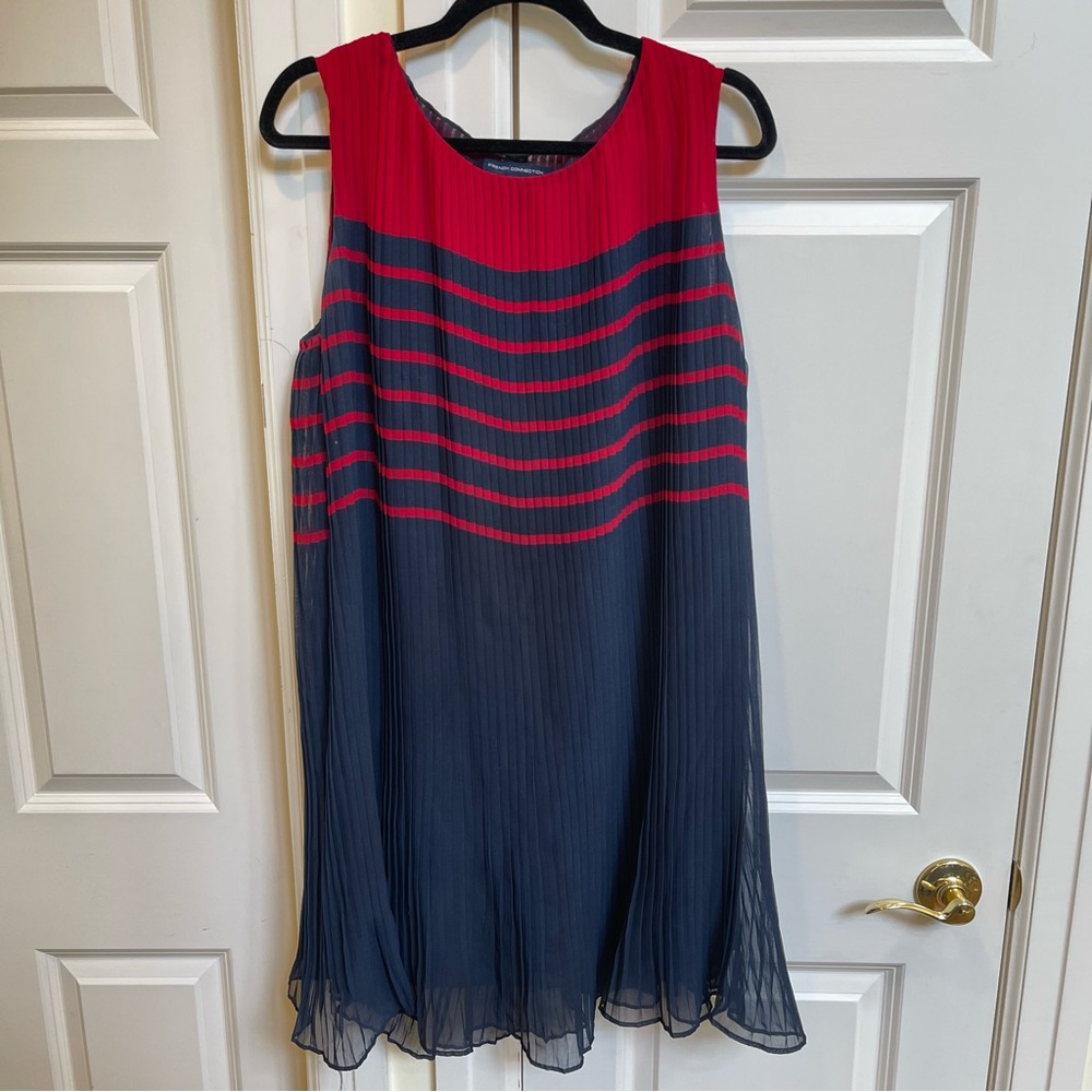 French Connection Sleeveless Navy & Red Pleated Chiffon Dress With Stripes